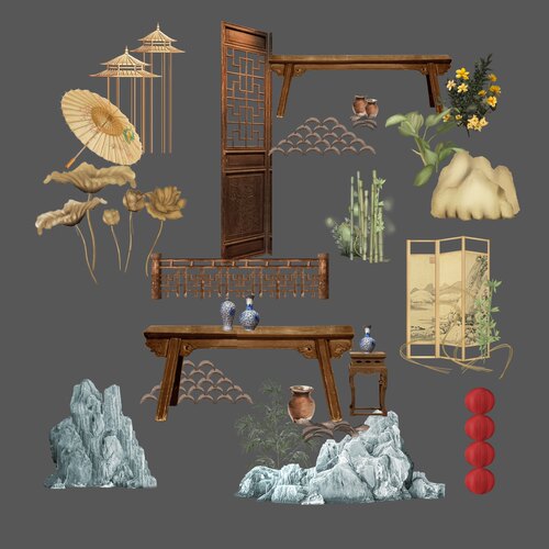 B002中式婚礼道具素材中式婚礼效果图婚礼摆件道具中式铁艺psd