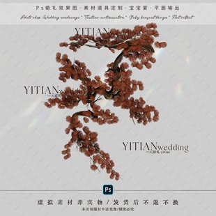 b099新中式 美陈婚礼素材 松柏松针松树素材ps分层文件棕色复古中式