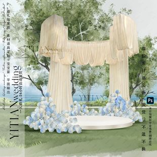 A207小众蓝白色绣球婚礼花艺素材psd分层文件布幔造型婚礼效果图
