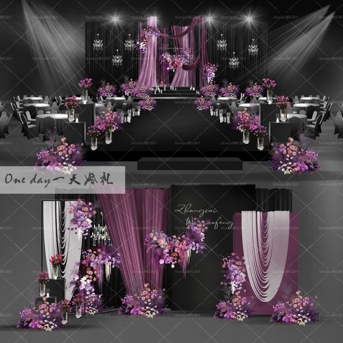 C020紫色韩系婚礼效果图psd源文件素材布幔线帘水晶婚礼紫色婚礼