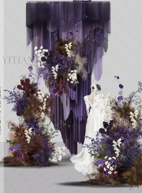 c211紫色纱幔布幔婚礼效果图ps文件咖紫色婚礼花艺效果图分层文件