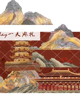 D010中式婚礼素材psd中式阁楼山水素材红色中式阁楼婚礼源文件