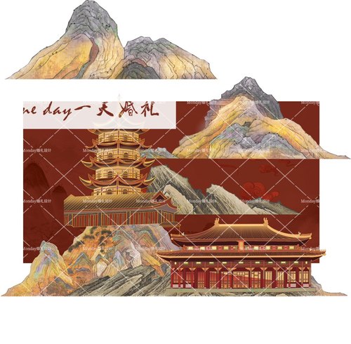 D010中式婚礼素材psd中式阁楼山水素材红色中式阁楼婚礼源文件