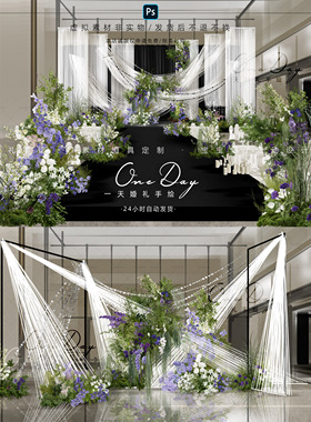 C144小众白色布幔线帘亮片布幔婚礼效果图ps文件白紫色婚礼花艺