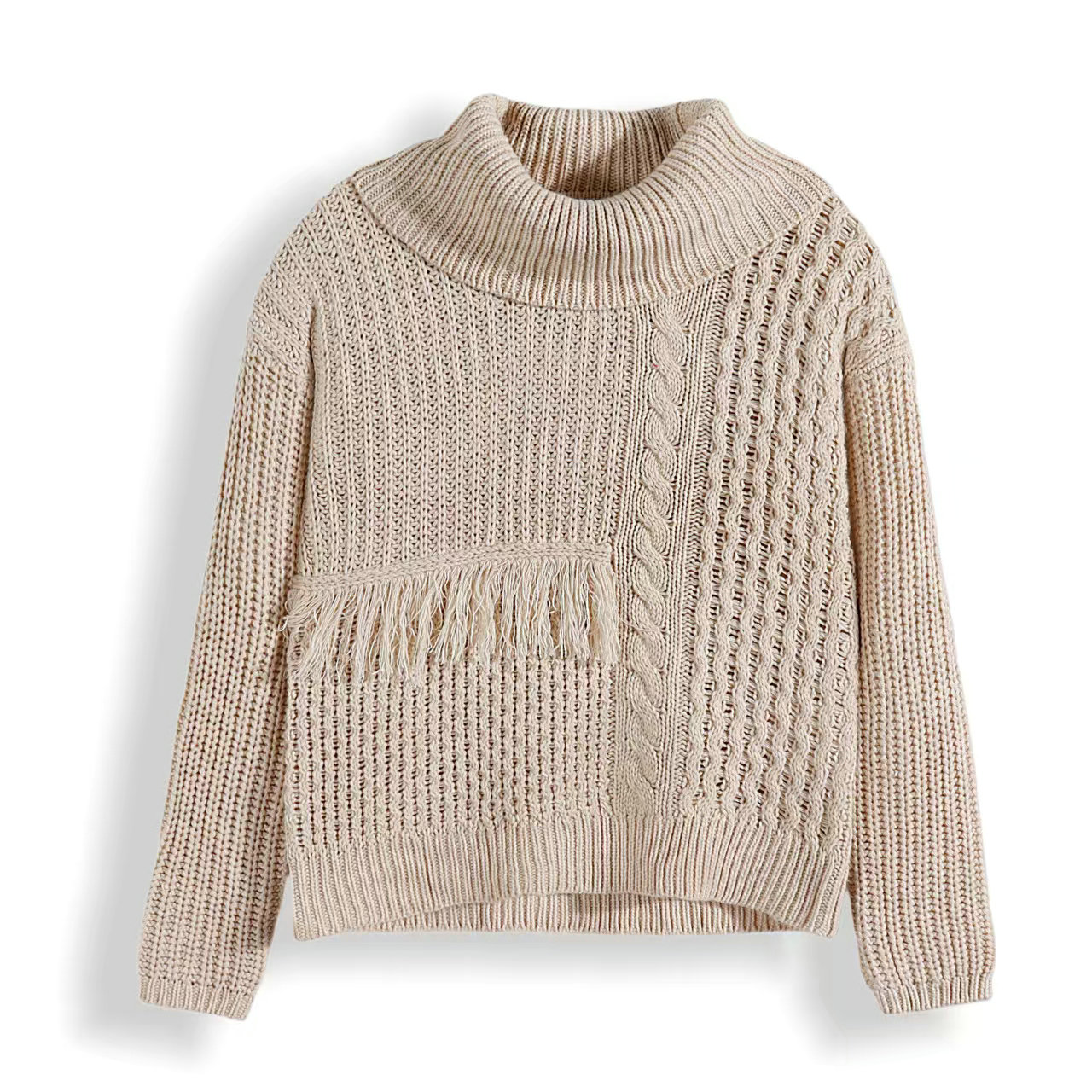 高领粗线扭花流苏休闲女款毛衣