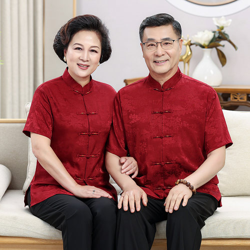 桑蚕丝情侣唐装男女中老年过寿生日爸妈短袖套装爷爷奶奶夏季衣服