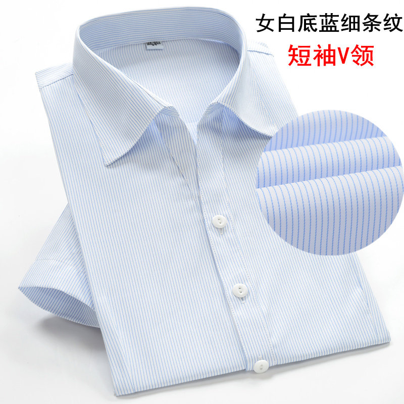 银行衬衫白底蓝色工装半袖大码商务工作服短袖细竖条纹衬衣女V领