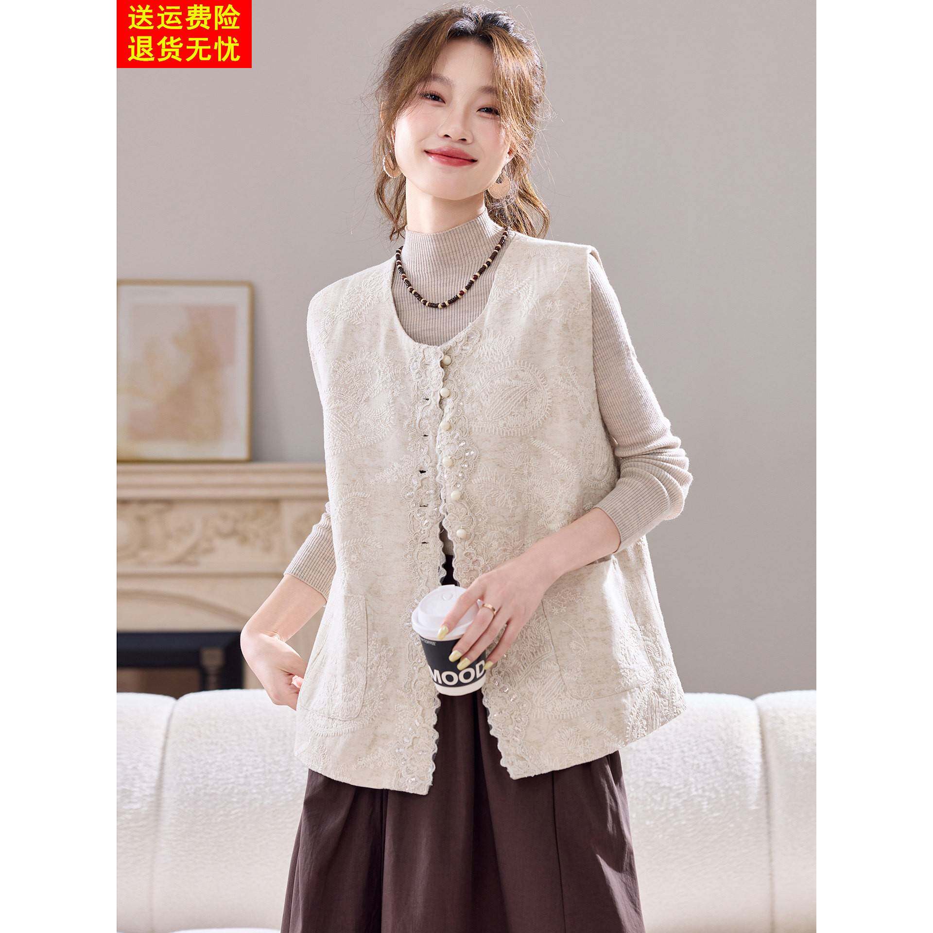 重工刺绣无袖背心女宽松显瘦马夹甲春秋外穿亚麻圆领开衫外套上衣