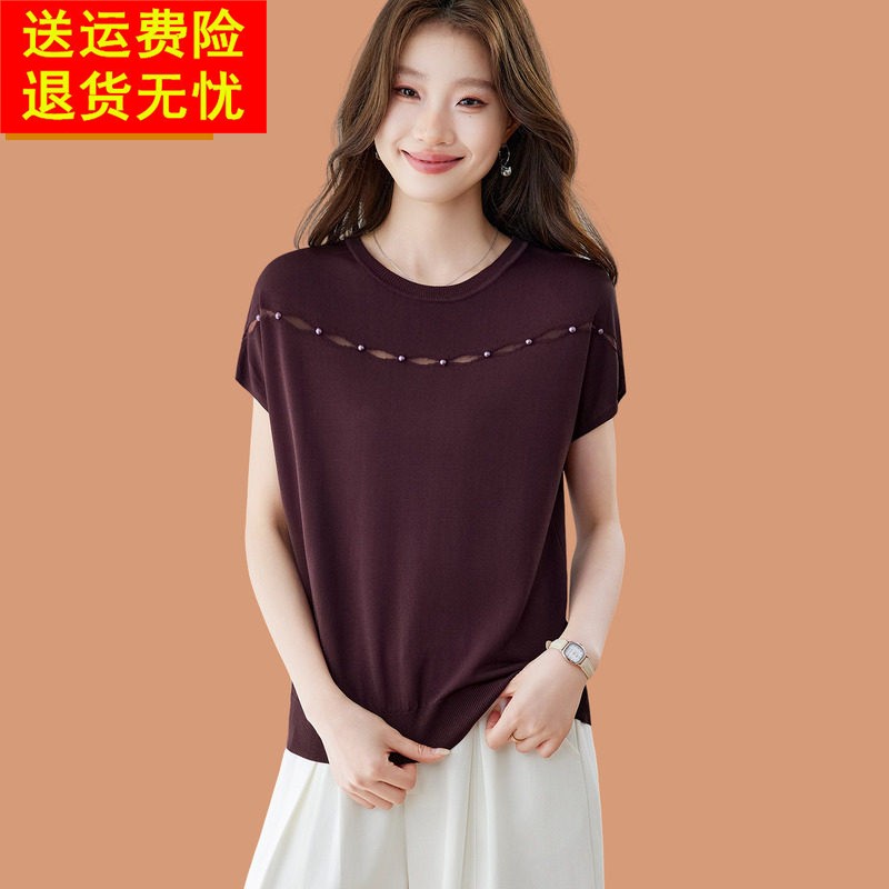 桑蚕丝冰丝T恤女夏装2026新款钉珠镂空蝙蝠针织短袖薄款真丝上衣