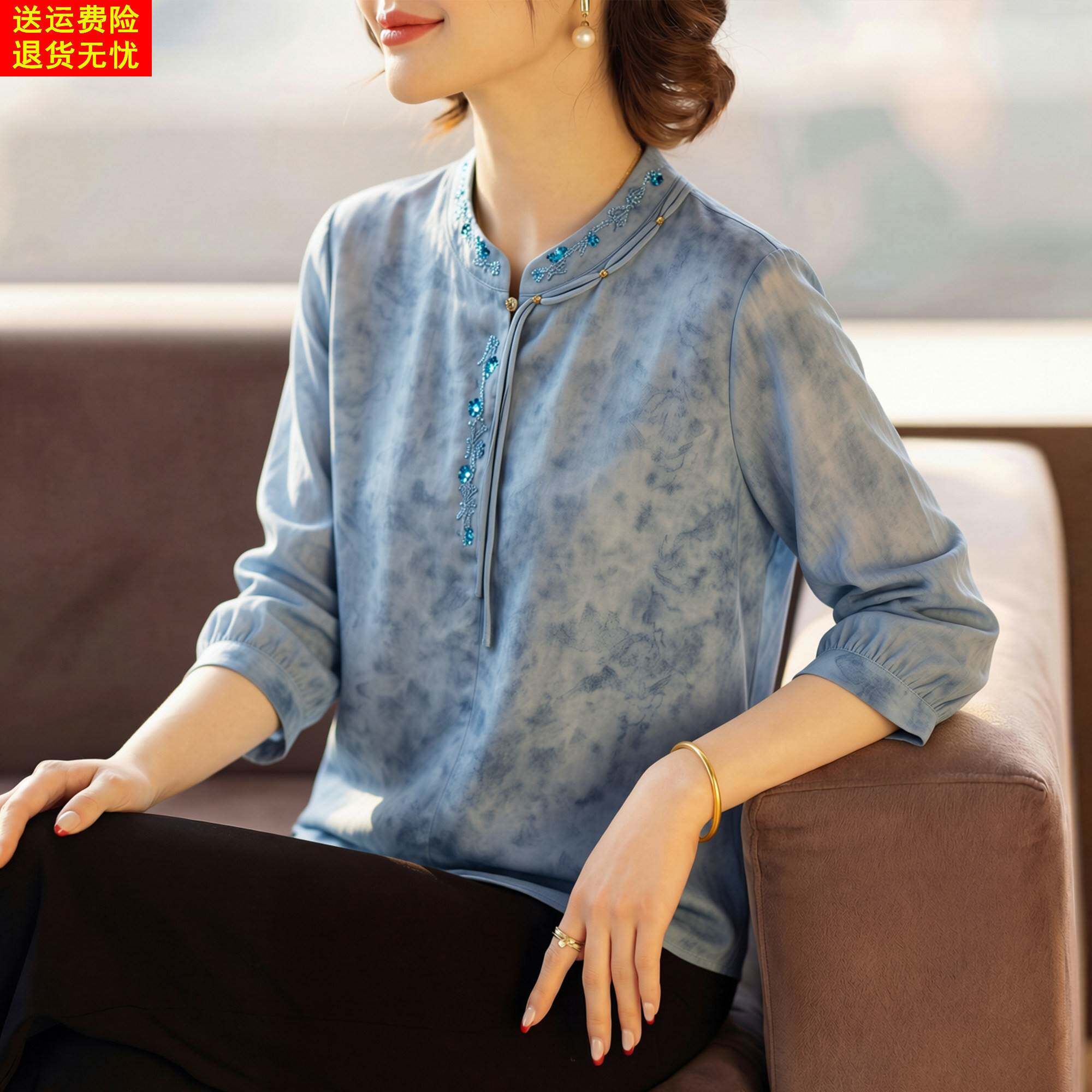 新中式国风刺绣上衣服中老人年女妈妈夏装洋派质T恤雪纺上衣50岁