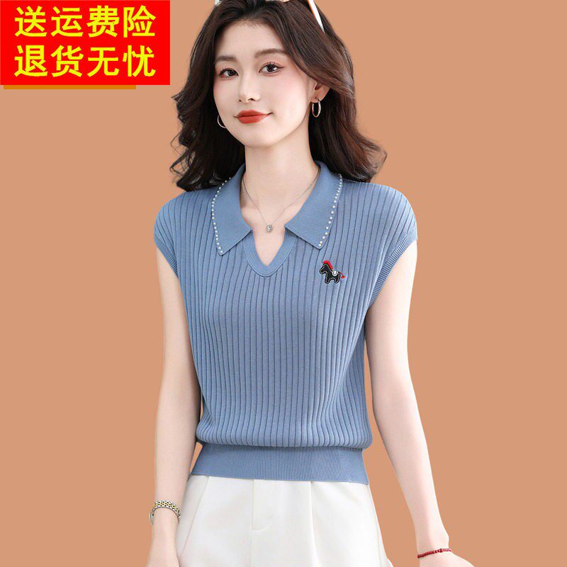 2026新款夏季翻领冰丝短袖t恤女小个子短款高腰上衣钉珠漂亮小衫