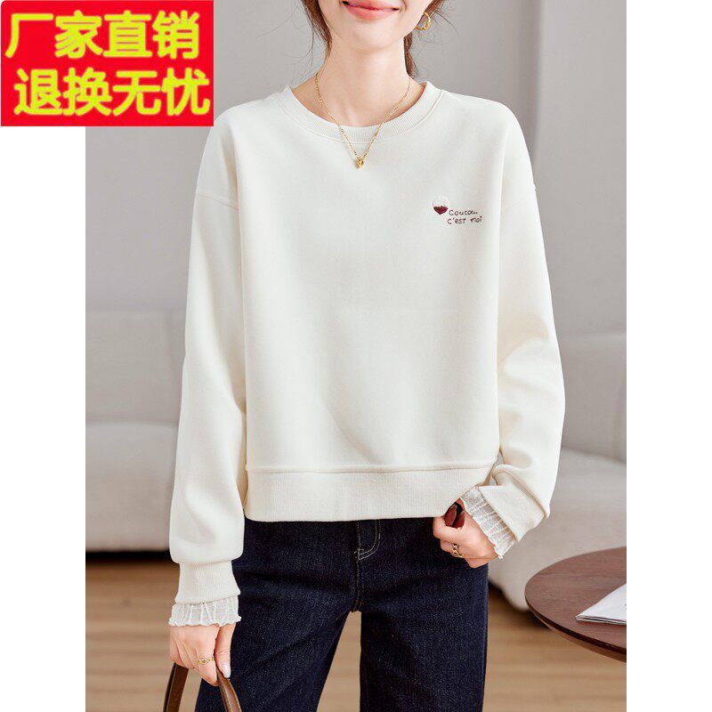 2026春季新款圆领别致刺绣短款卫衣小个子休闲宽松长袖减龄上衣女