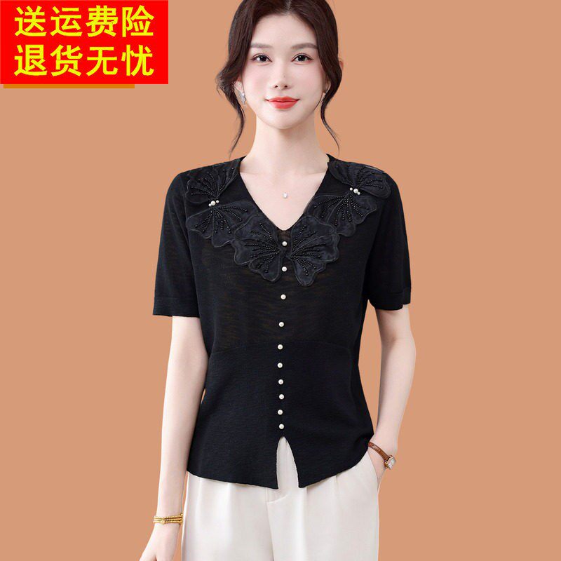 桑蚕丝短袖t恤女夏装2026新款薄款妈妈V领半袖上衣冰丝针织衫T恤