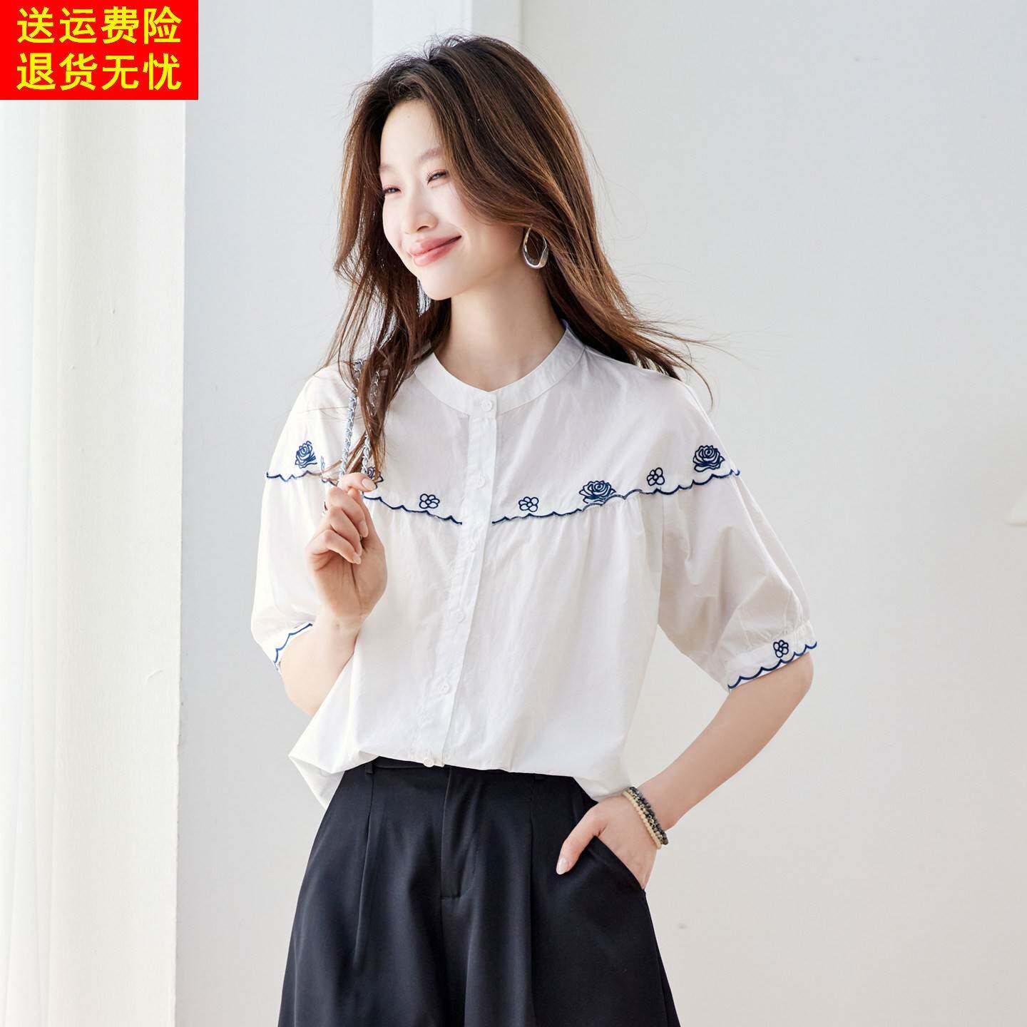 日系绣花纯棉短袖衬衫女夏季薄设计感白色刺绣木耳边宽松减龄上衣