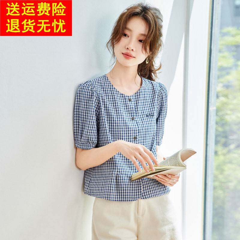 圆领格子衬衫短袖2025夏装新款女装韩版休闲宽松小个子超好看衬衫