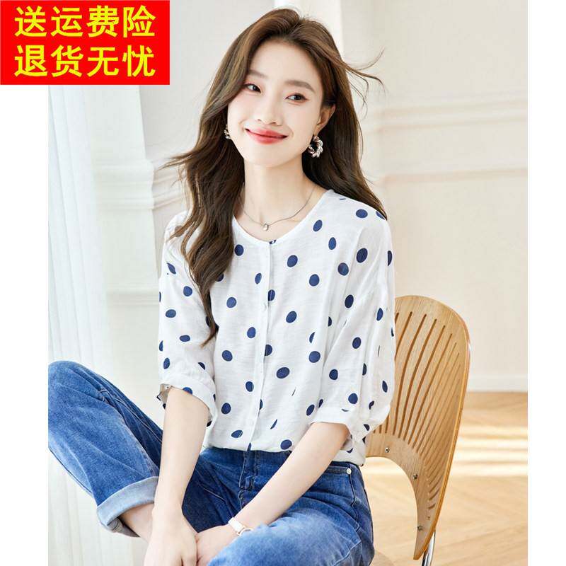 2026夏季新款波点七分袖雪纺衬衫女圆领宽松衬衫前短后长中袖上衣