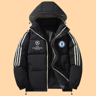 欧冠切尔西足球队服羽绒棉外套肥佬宽松棉衣男冬季连帽加大码棉袄