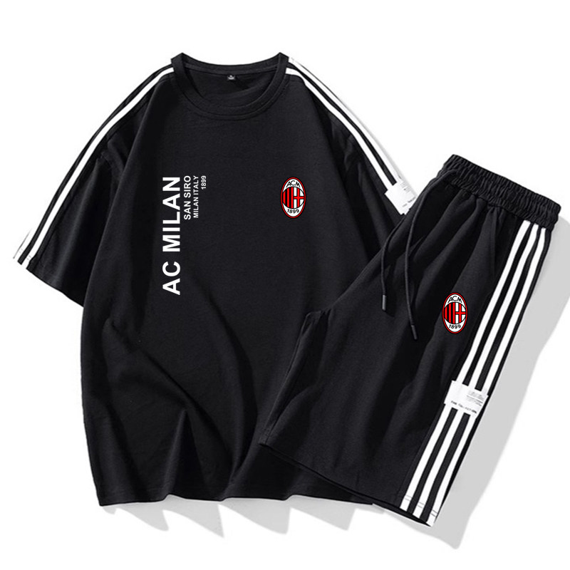 夏季意甲队欧冠AC米兰足球运动服套装训练休闲圆领短袖五分两件套