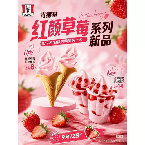 aKfc肯德基新品冰淇淋红颜草莓花筒圣代提前尝鲜自助下单