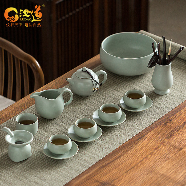 汝道高档汝窑功夫茶具泡茶套装正品汝瓷开片家用陶瓷茶壶茶杯整套
