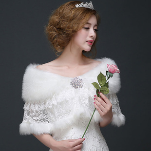 2020新款 新娘婚纱礼服毛披肩结婚蕾丝披肩伴娘白色仿狐狸毛 秋冬季