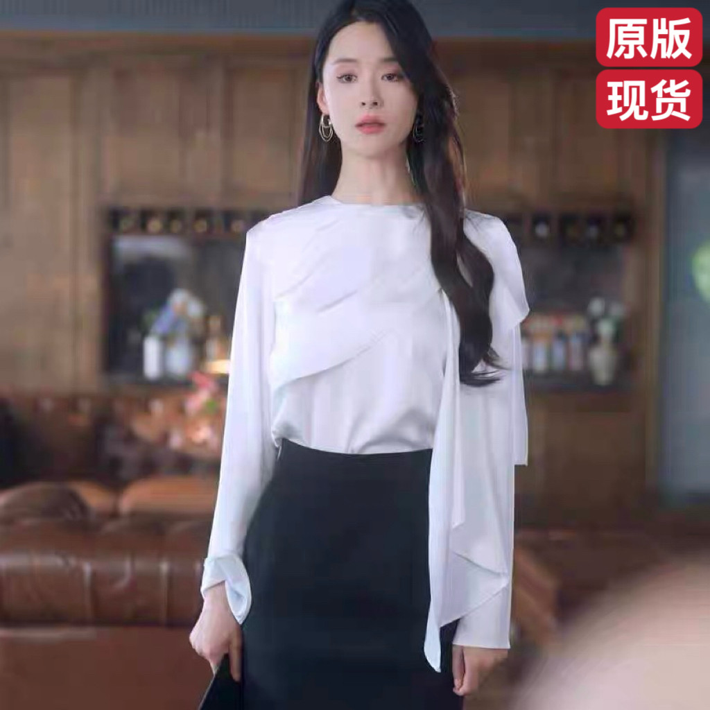 原版短剧绛色栀子孟娜温栀妍同款衬衫上衣圆领飘带衬衣女衣服潮 - 实物图