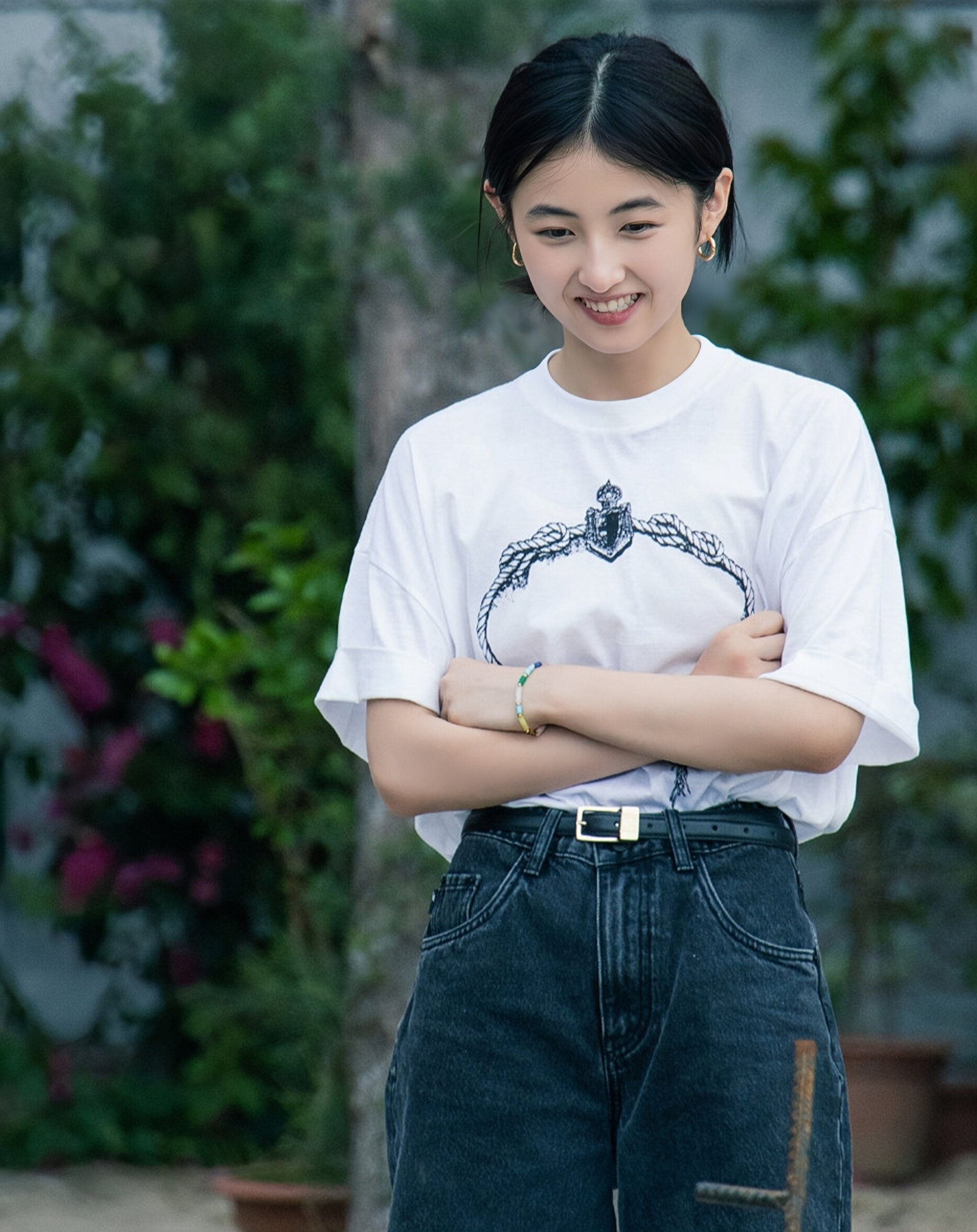 原版向往的生活6张子枫同款短袖t恤圆领印花上衣牛仔短裤女衣服潮