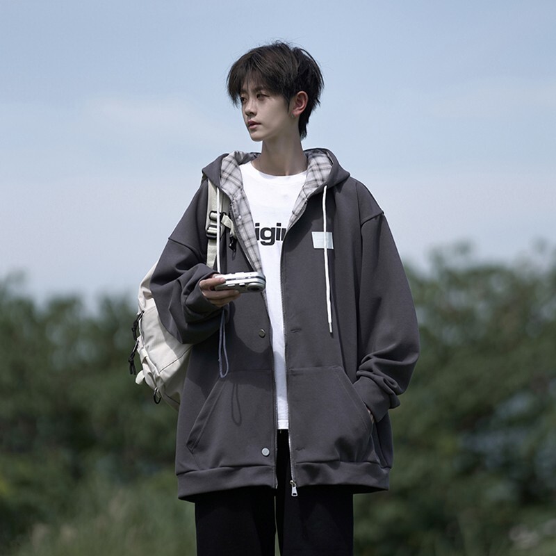 WASSUP BROWN格子拼接卫衣外套男秋冬加厚休闲宽松男生连帽开衫