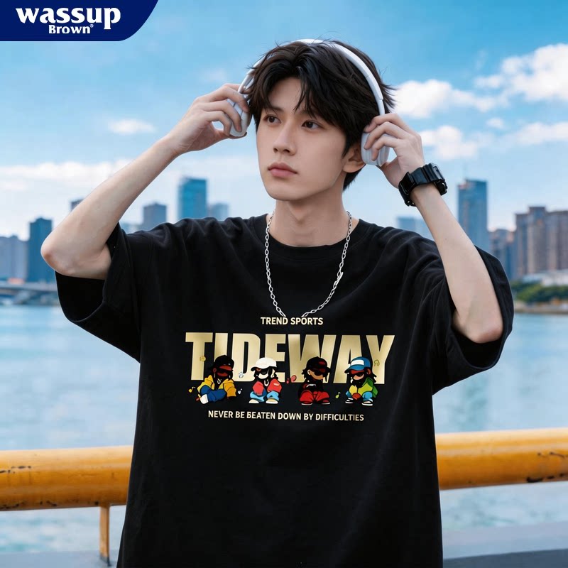 WASSUP BROWN美式潮流短袖t恤男夏季高街痞帅印花青少年男生体恤