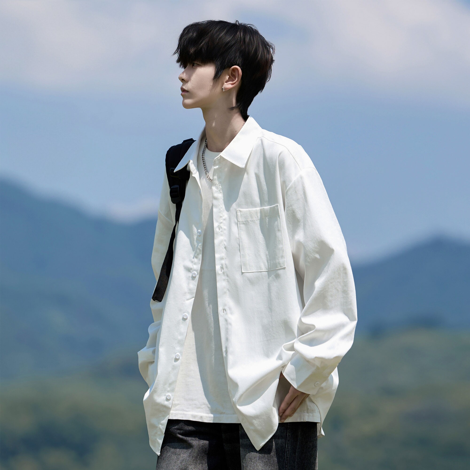 WASSUP BROWN纯色长袖衬衫男春季新款宽松高级白色休闲男生衬衣