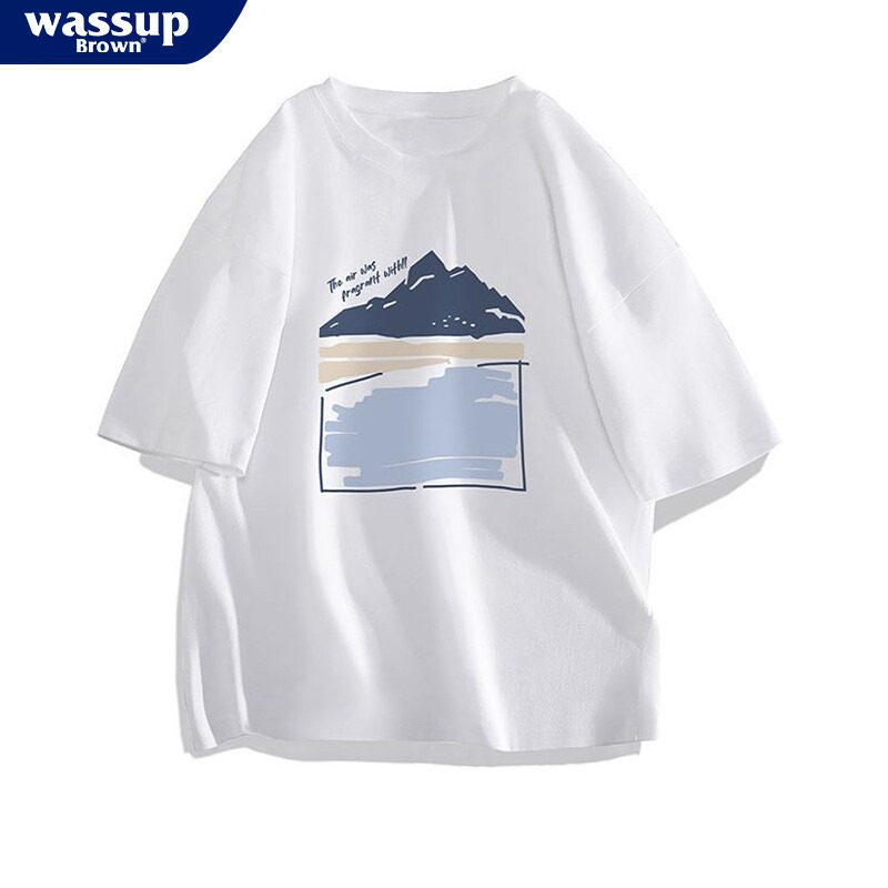 WASSUP BROWN美式创意印花短袖T恤男生夏季潮牌纯棉宽松大码半袖
