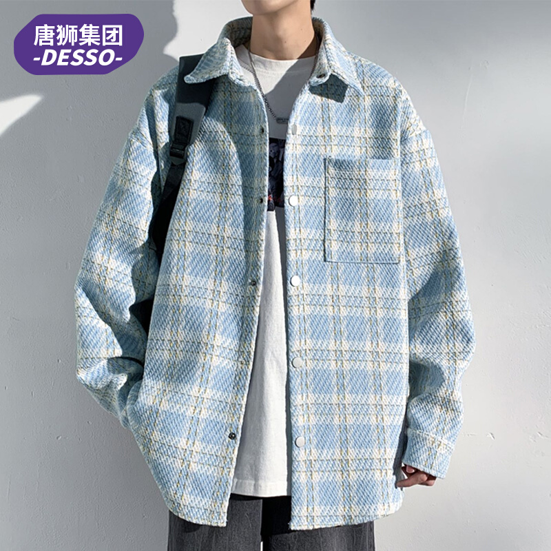唐狮集团DESSO格子衬衫外套男2025春秋款宽松大码小香风夹克男生