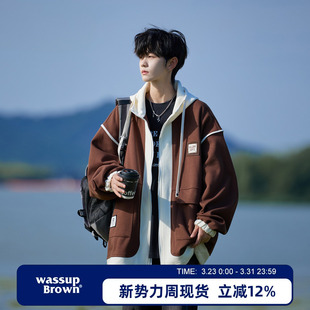 新款 2026春季 潮牌休闲夹克 BROWN假两件刺绣连帽外套男款 WASSUP