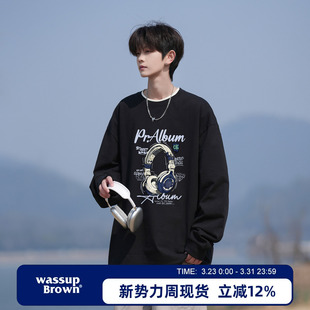 潮流青少年宽松休闲圆领体恤 t恤男春季 WASSUP BROWN纯棉印花长袖