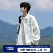 新款 WASSUP 男春季 衬衫 宽松高级白色休闲男生衬衣 BROWN纯色长袖