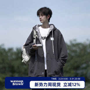 WASSUP BROWN格子拼接卫衣外套男秋冬加厚休闲宽松男生连帽开衫
