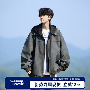 宽松休闲男生外套男款 WASSUP 新款 假两件夹克男春秋季 BROWN美式