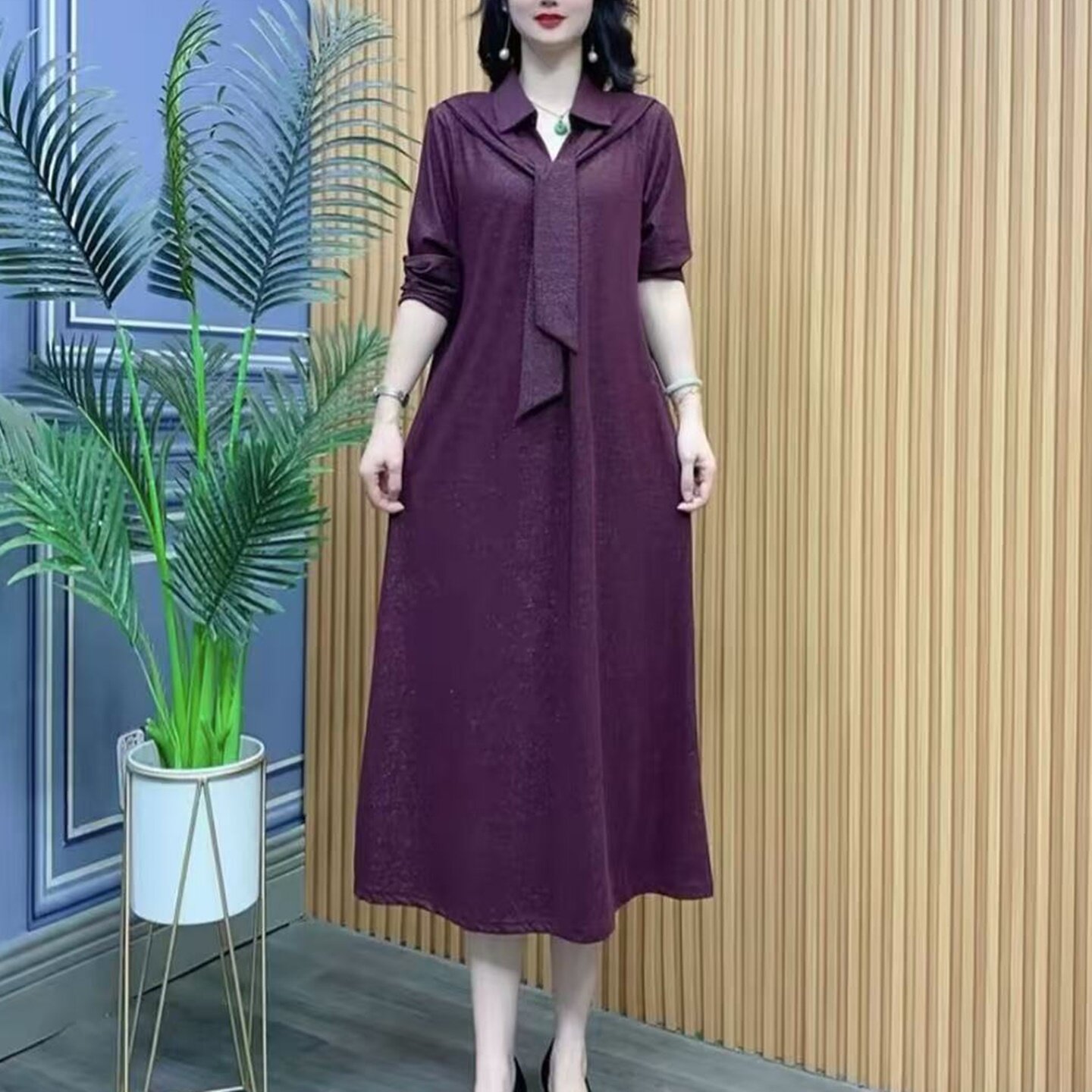 中长围巾衬衫领大码胖妈妈连衣裙