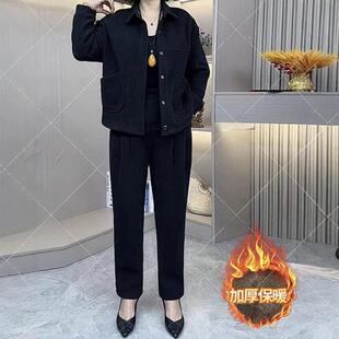 加绒加厚欧棉绒中年妈妈装两件套时尚洋气套装秋冬季大口袋翻领女