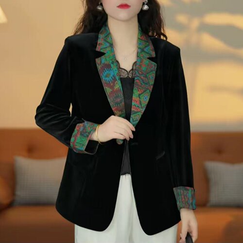 春秋新款丝绒拼接小西装外套上衣