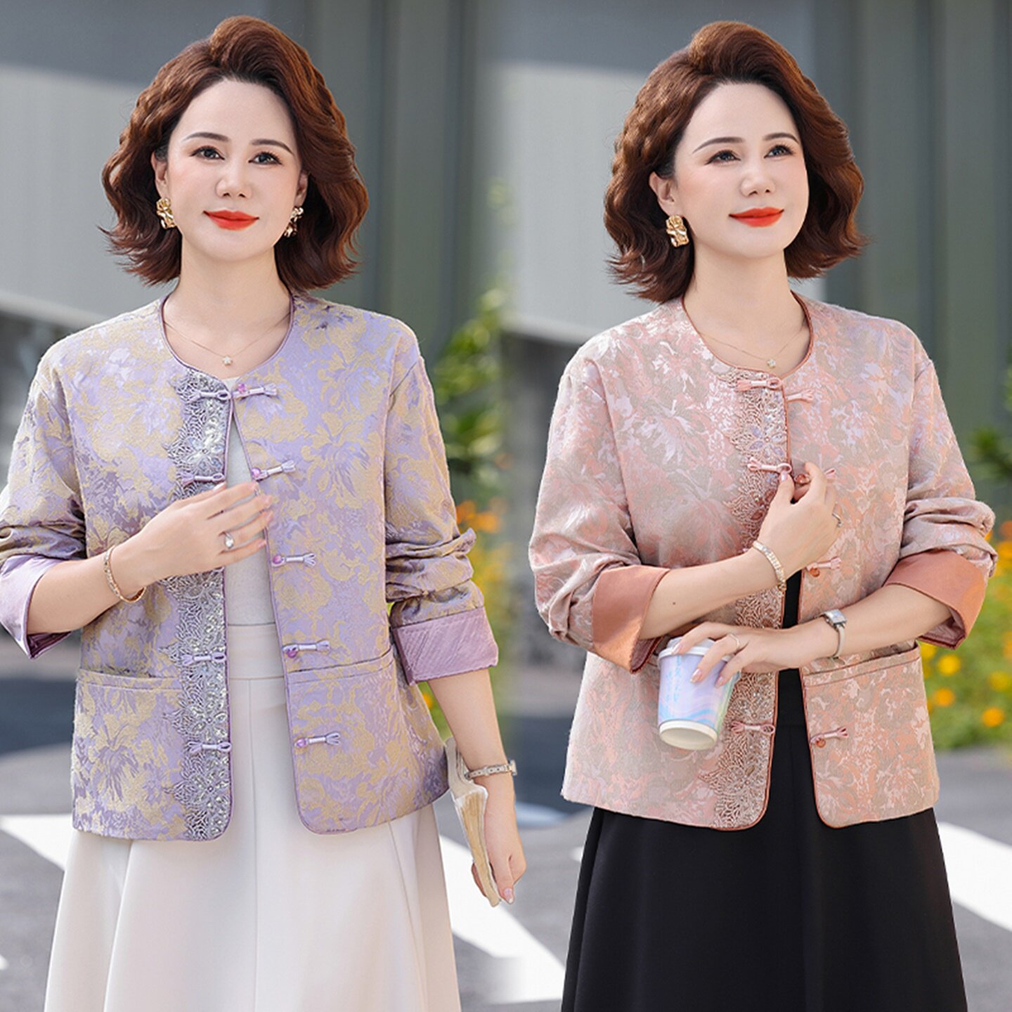 新中式妈妈装春秋盘扣提花外套女