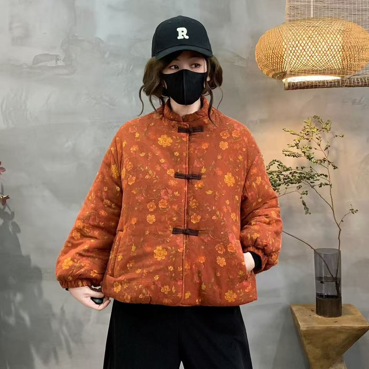 中国风复古盘扣立领加绒加厚棉衣外套女冬季碎花棉服保暖棉袄上衣