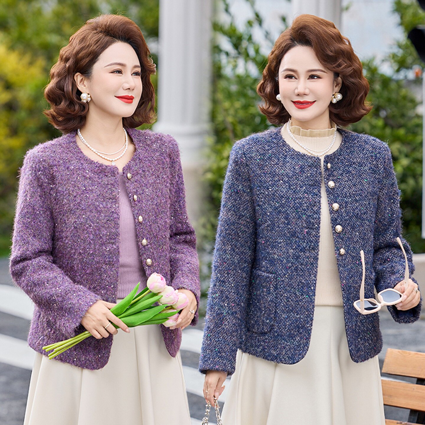 2026春季新款小香风粗花呢外套女中年妈妈装圆领洋气气质开衫上衣