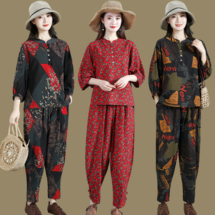 两件套 妈妈宽松棉麻上衣哈伦裤 民族风复古碎花休闲套装 女春夏新款