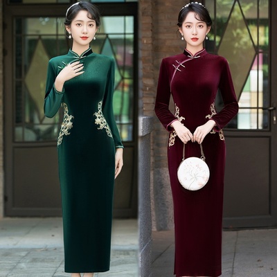 秋冬金丝绒日常可穿旗袍改良长袖