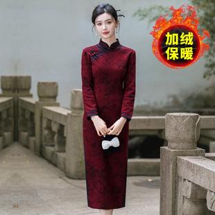 冬装旗袍加绒加厚婚宴礼服遮肚子喜婆婆装民国妈妈复古连衣裙长款