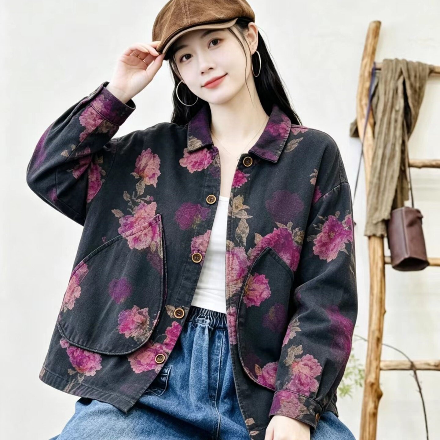 秋季复古碎花棉质大码女开衫外套
