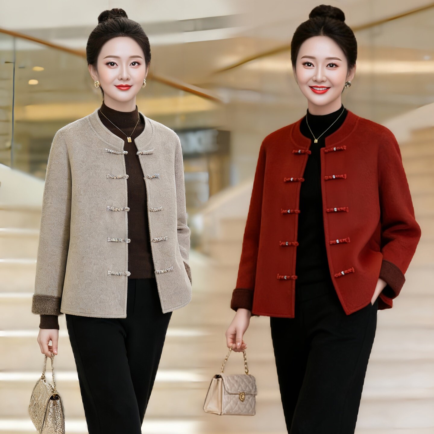 新中式盘扣双面羊绒外套女短款宽松中老年妈妈装高贵喜婆婆婚宴装