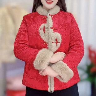 中式毛领盘扣红色新年棉服女加棉加厚保暖棉袄妈妈装复古棉衣外套