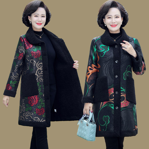 妈妈秋冬加绒加厚风衣外套中老年人女装鹿皮绒大衣中长款保暖棉服